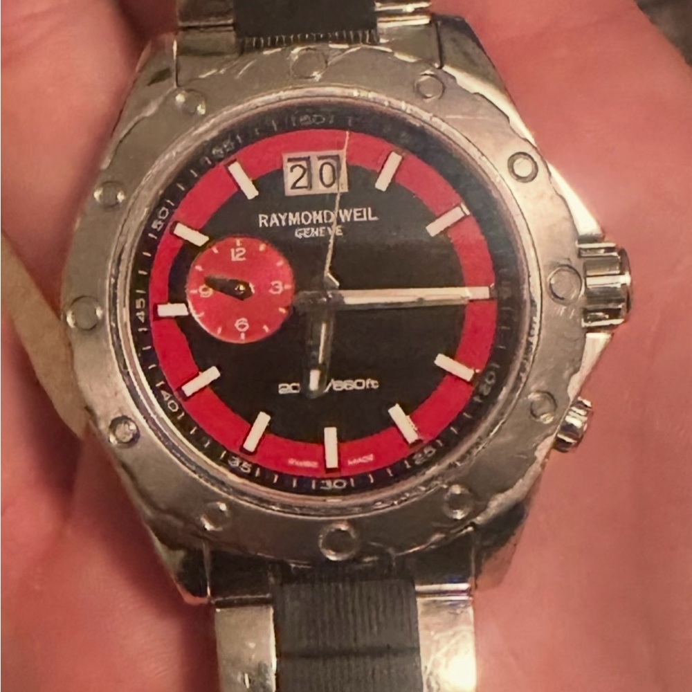 Raymond Weil Silver Watch with Red and Black Accents